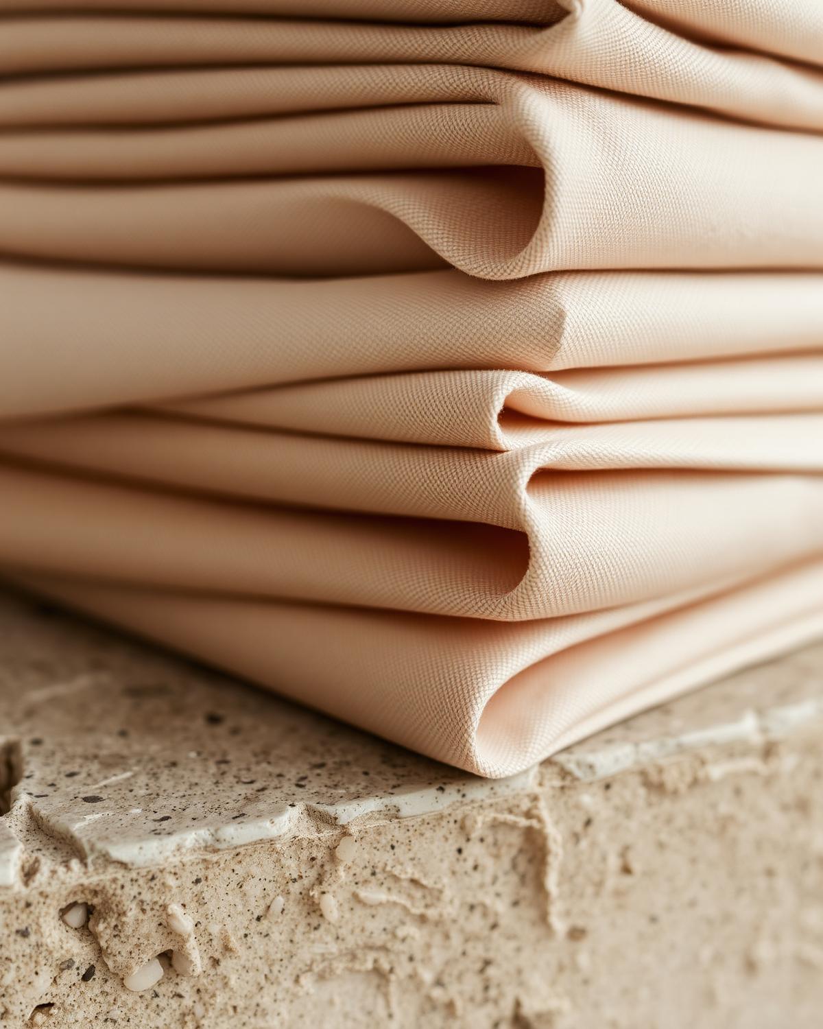 Stacked folded fabric on a stone surface